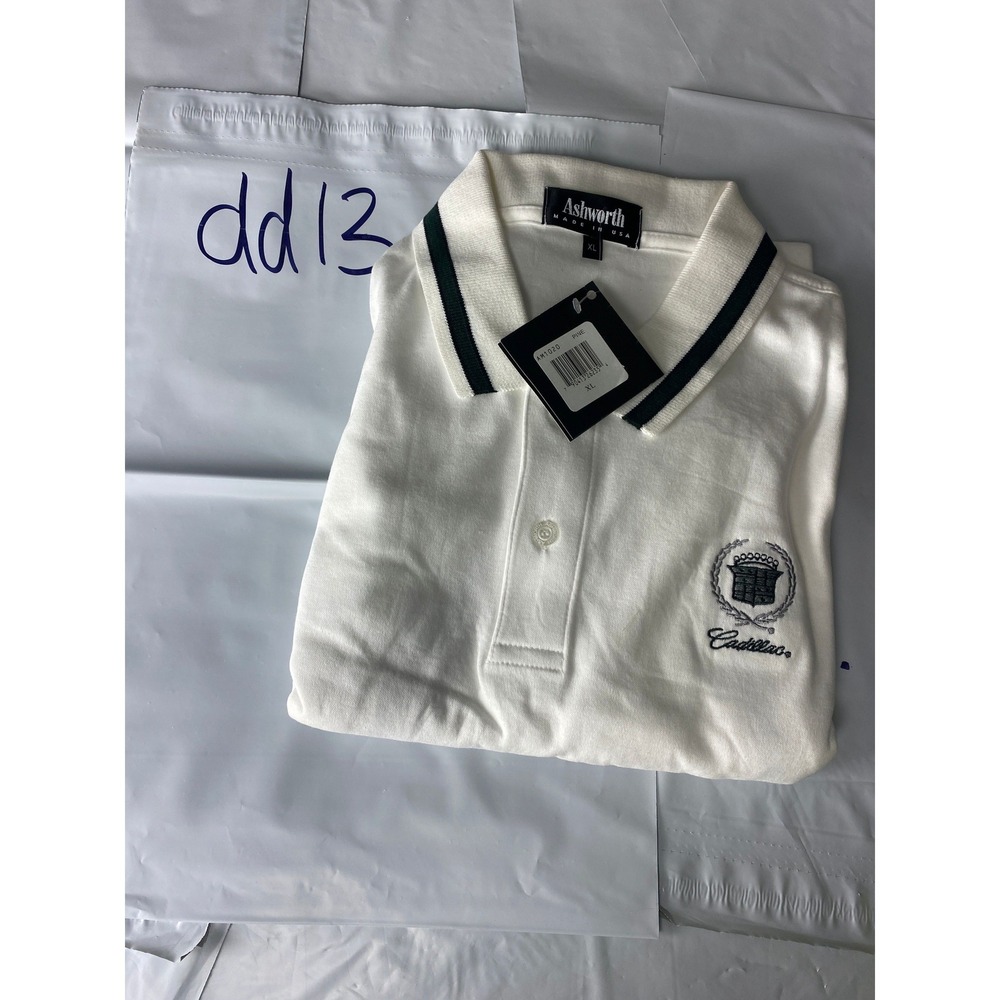 Ashworth Cadillac Polo Shirt‎ Mens XL White Pine Green Tipped